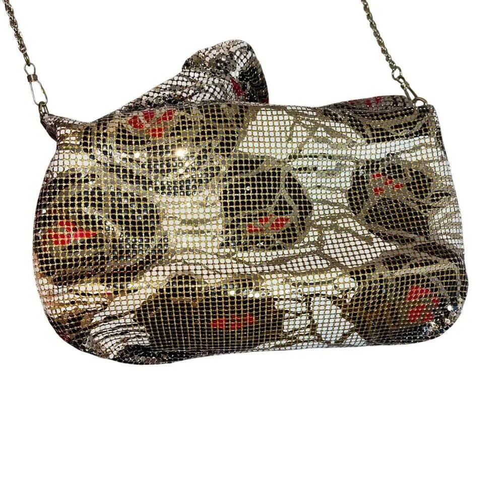 Vintage Womens Clutch Bag Multicolor Chain Mesh Rose Pattern Convertible
